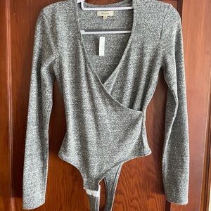Madewell Gray Long Sleeve Wrap Bodysuit